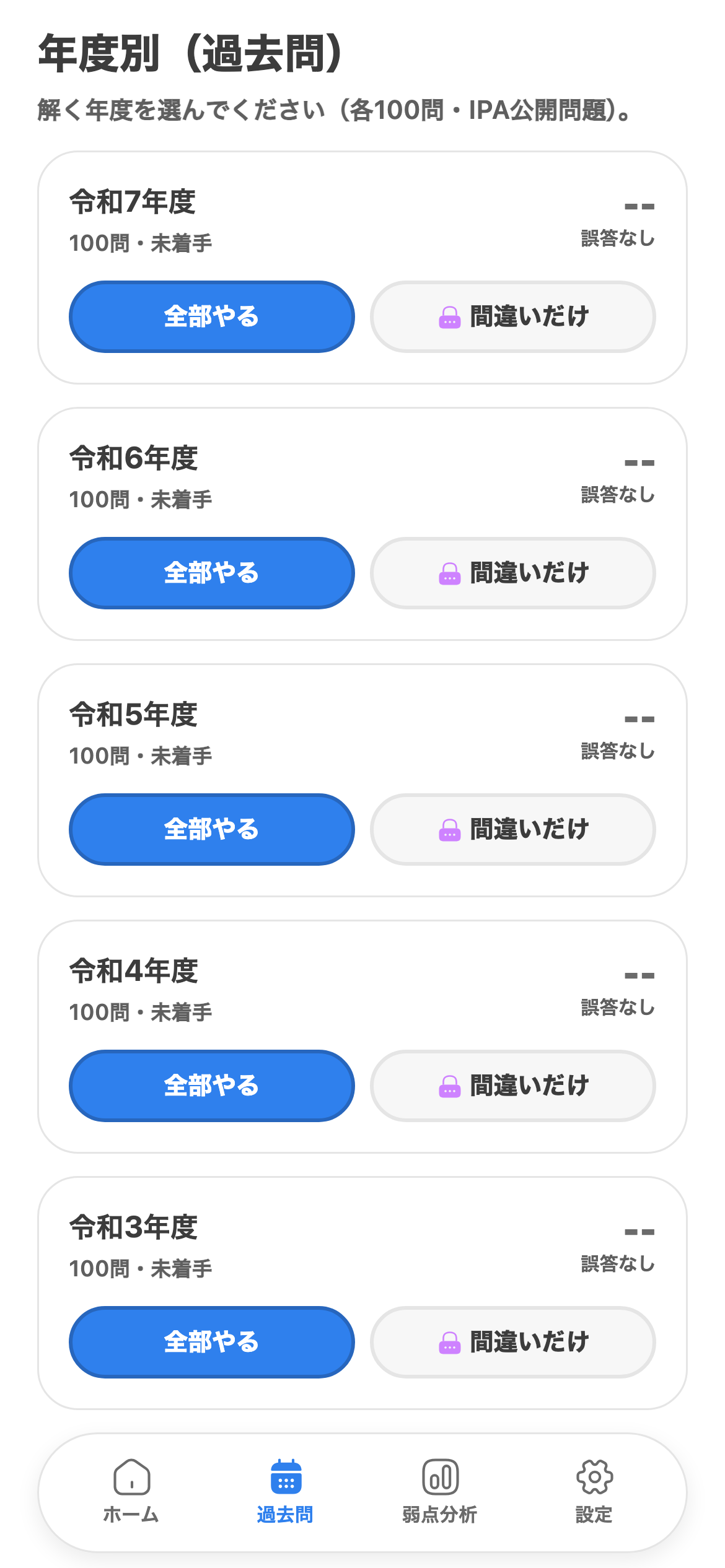 年度を選んで、公開問題を解くを示すITパストレの画面